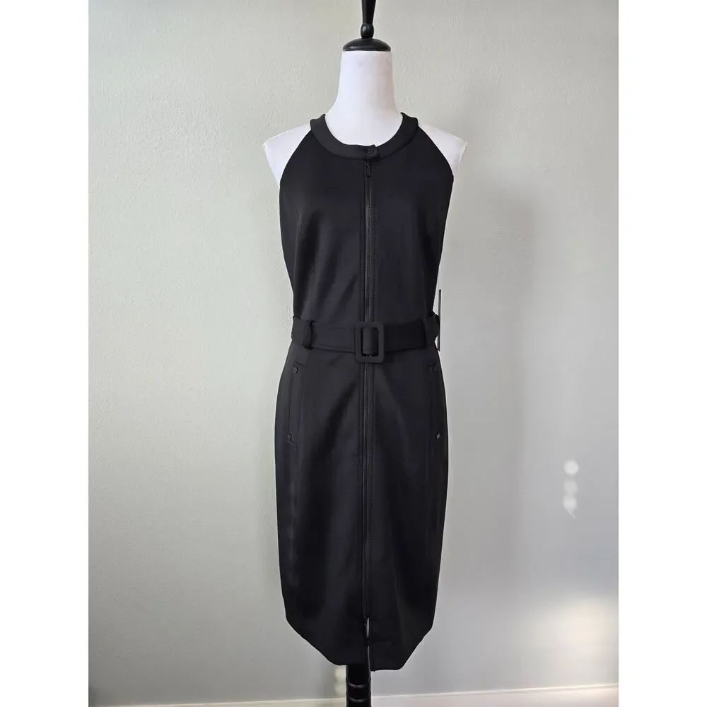 Calvin Klein Black Zip Front Sheath Dress Belted Size 12 NWT Officecore Business